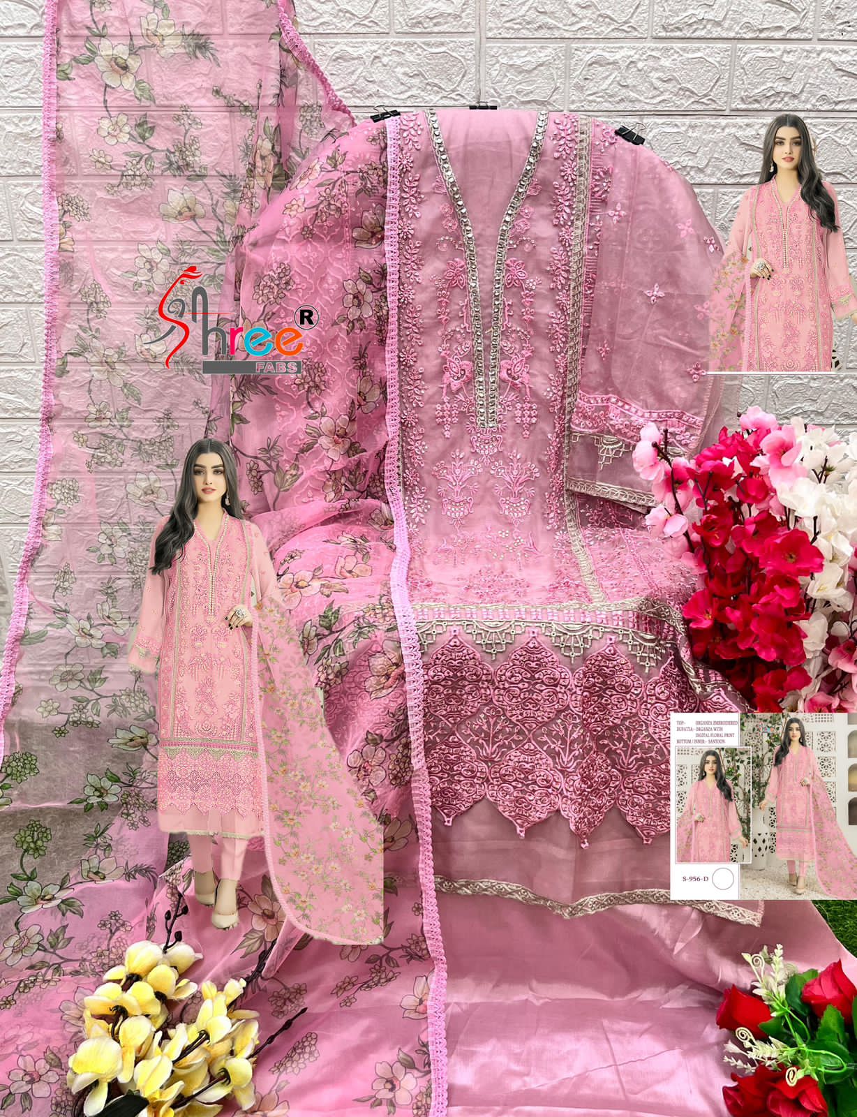 S 956 By Shree Organza Embroidery Pakistani Suits Wholesale Market In Surat